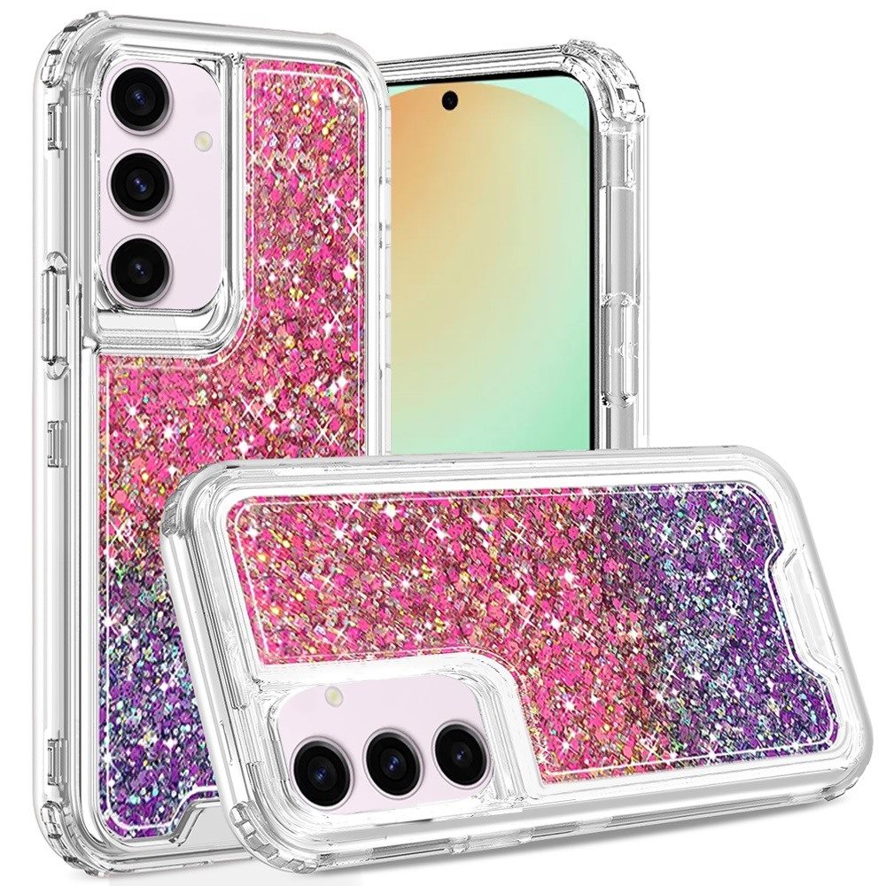 For Samsung Galaxy S24 FE /Fan Edition Epoxy Bling Glitter Sparkly 3in1 Shockproof Transparent Hybrid Shockproof Full Body PC Bumper Case Cover Hot Pink + Purple