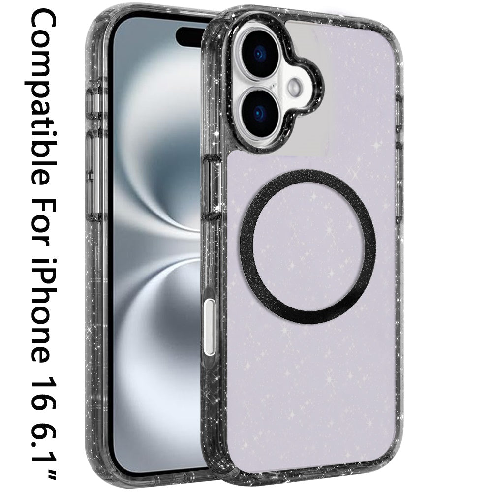 For Apple iPhone 16 (6.1") Transparent Glitter Bling Sparkly Shiny Case Hybrid Magnetic Circle Compatible with MagSafe Shockproof Case Cover