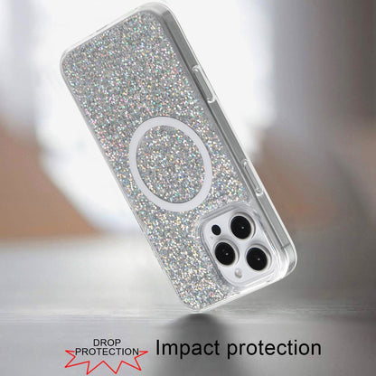 For Apple iPhone 16 Pro Max (6.9") Premium Transparent Epoxy Glitter Bling Magnetic Circle Compatible with MagSafe Hybrid Sparkle Case Cover