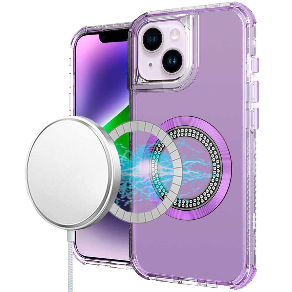 For Apple iPhone 14 / iPhone 13 (6.1") Magnetic Ring Circle Bling Chrome 3in1 Hybrid [Compatible with Magsafe] Transparent Shockproof Case Cover