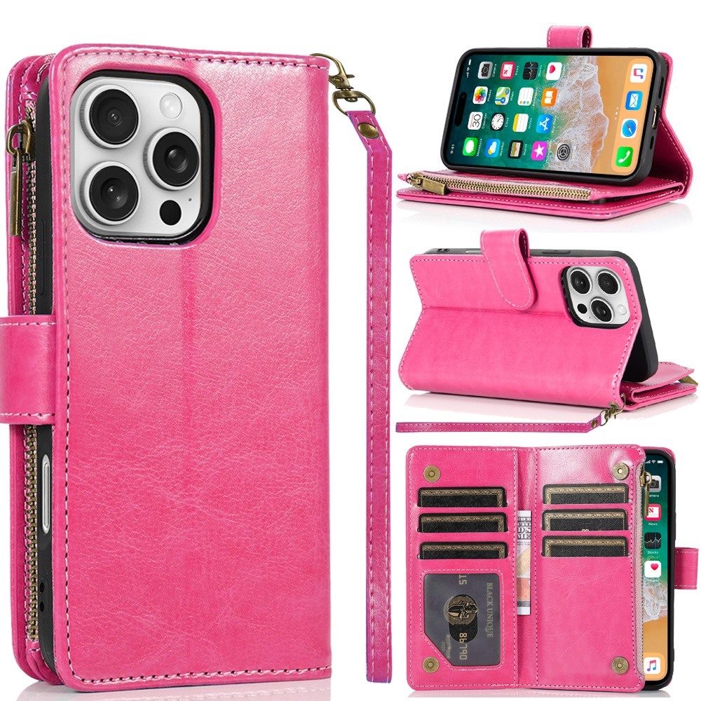 For Apple iPhone 16 (6.1") Leather Zipper Wallet Case 9 Credit Card Slots Cash Money Pocket Clutch Pouch Stand & Strap Case Cover Hot Pink