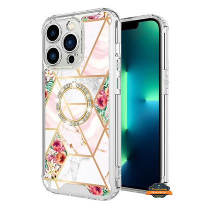 For Apple iPhone 15 Pro Max (6.7") Fashion Design Pattern Hybrid Ring Kickstand Bling Diamond Hard Protective  Phone Case Cover