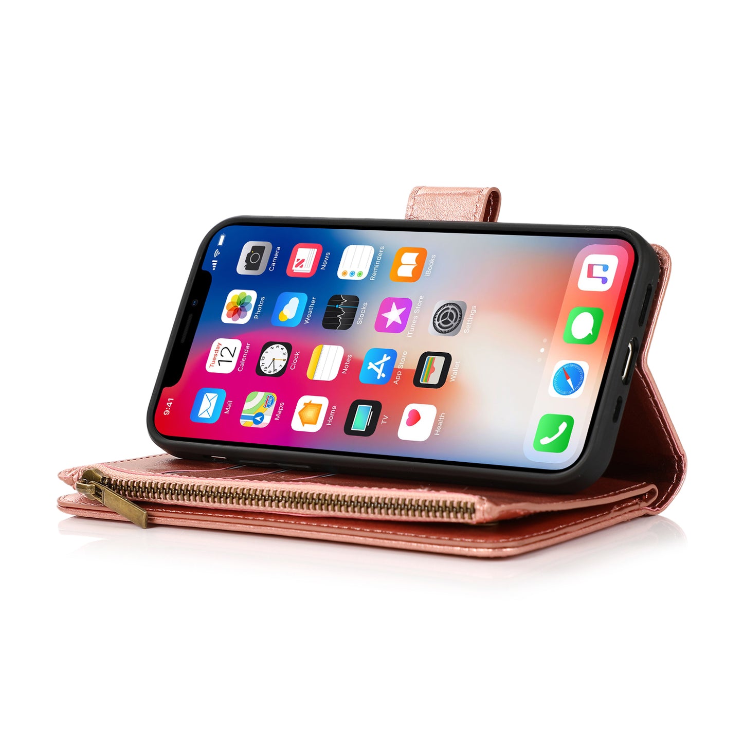 For Apple iPhone 11 (6.1") Leather Zipper Wallet Case 9 Credit Card Slots Cash Money Pocket Clutch Pouch with Stand & Strap Case Cover Rose Gold