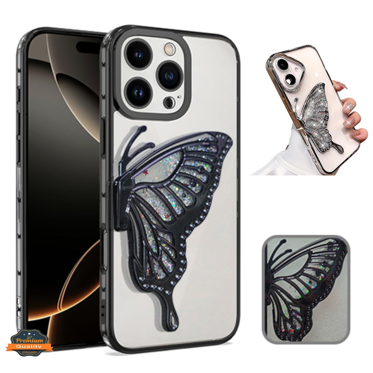 For Apple iPhone 16 Pro (6.3") Glitter 3D Butterfly Bling Luxury Electroplate Chrome Sparkle Liquid Flowing Plating Bumper Case Cover