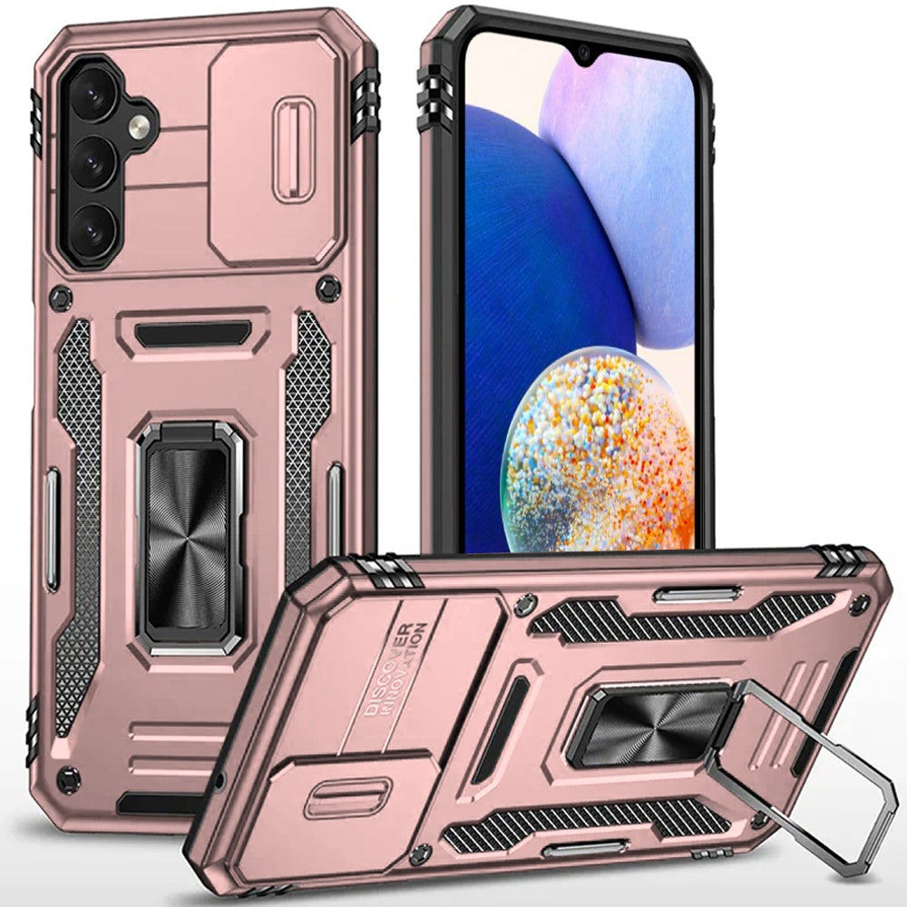 For Samsung Galaxy S24 FE /Fan Edition Hybrid Case with Rotation Ring Stand Shockproof & Camera Window PC & TPU Armor Dropproof Case Cover Rose Gold