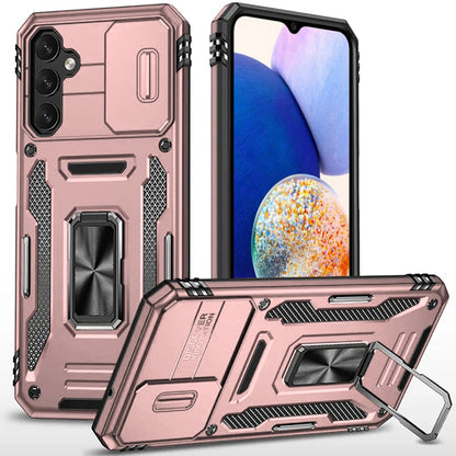 For Samsung Galaxy S24 FE /Fan Edition Hybrid Case with Rotation Ring Stand Shockproof & Camera Window PC & TPU Armor Dropproof Case Cover Rose Gold