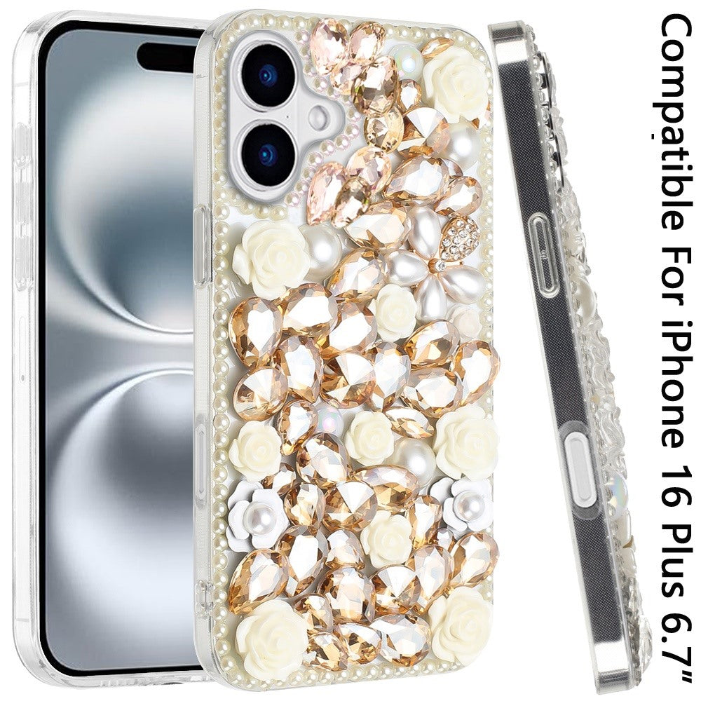 For Apple iPhone 16 Plus (6.7") Fashion Rose Flower Floral Bling Crystal 3D Full Diamonds Pearl Sparkle Rhinestone Glitter Hybrid Case Cover