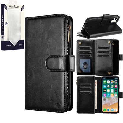 For Apple iPhone 16 (6.1") Premium Leather Zipper Wallet with Credit Card Slots Money Pocket Luxury Clutch Pouch Stand & Strap Case Cover Black