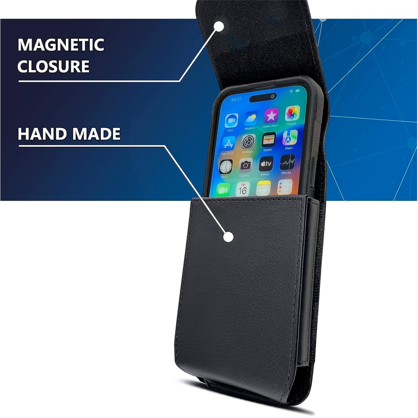 For Apple iPhone 16 Pro Max (6.9") Universal PU Leather Vertical Phone Pouch Holder Carrying Case [Magnetic Closure] With Fixed Belt Clip Holster Hybrid [Black]