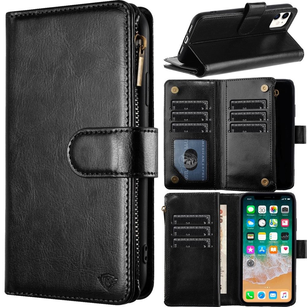 For Apple iPhone 16 (6.1") Premium Leather Zipper Wallet with Credit Card Slots Money Pocket Luxury Clutch Pouch Stand & Strap Case Cover Black