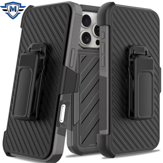 For Apple iPhone 16 Pro Max (6.9") Premium Design Hybrid lined with Belt Clip Holster Shockproof Rugged Textured 2in1 Non Slip Tough Case Cover Gray