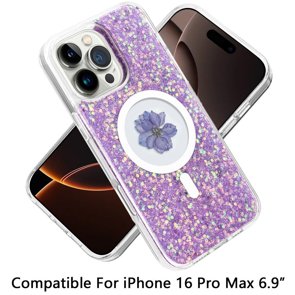 For Apple iPhone 16 Pro Max (6.9") Magnetic Circle MagSafe Wireless Compatible Epoxy Glitter Flower Shiny Sparkle Bling Hybrid Slim TPU Case Cover