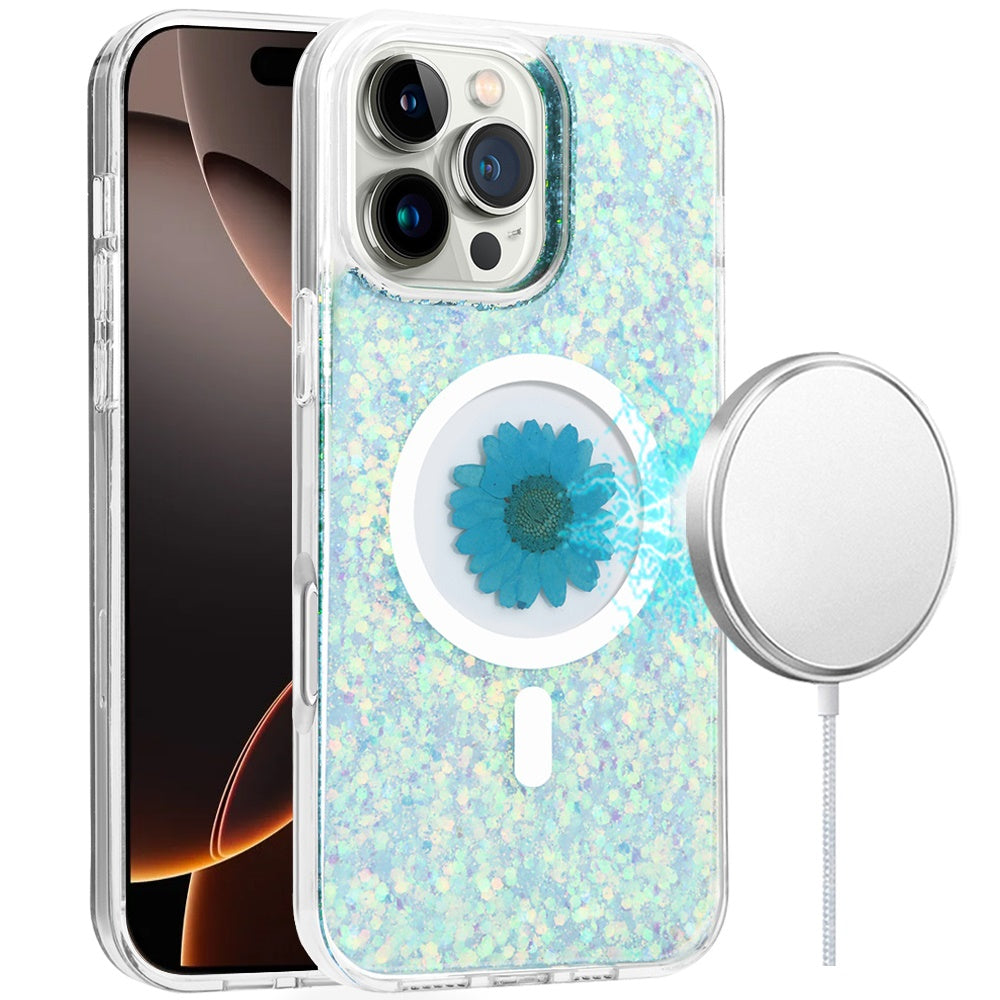 For Apple iPhone 16 Pro Max (6.9") Magnetic Circle MagSafe Wireless Compatible Epoxy Glitter Flower Shiny Sparkle Bling Hybrid Slim TPU Case Cover