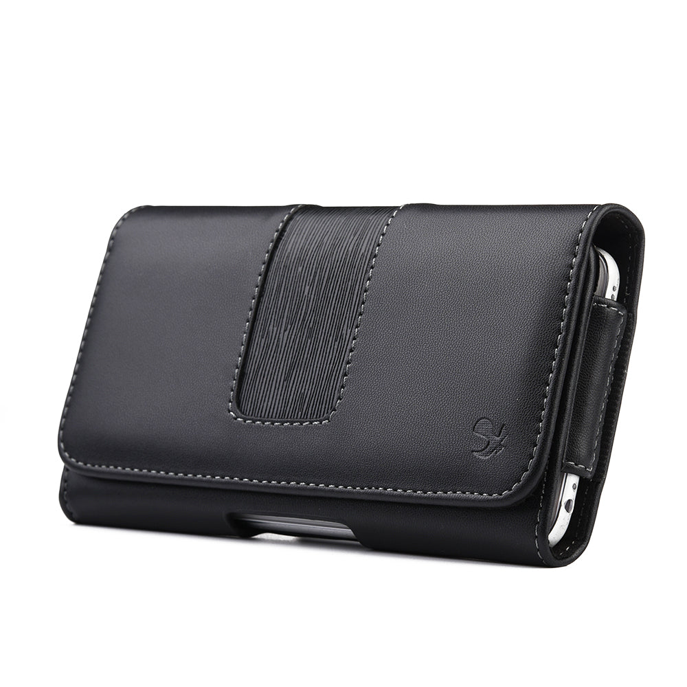 For Apple iPhone 16 Pro (6.3") Universal Premium Horizontal Leather Case Pouch with Magnetic Closure, Belt Clip & Belt Loops Holster Cover [Black]