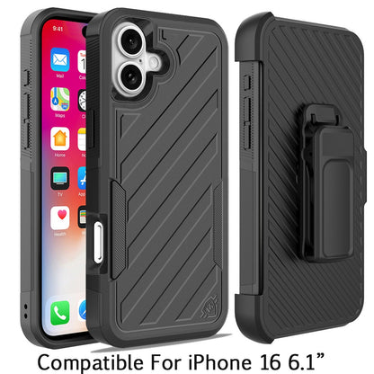 For Apple iPhone 16 (6.1") Premium Design Hybrid lined with Belt Clip Holster Shockproof Rugged Textured 2in1 Non Slip Tough Case Cover Black