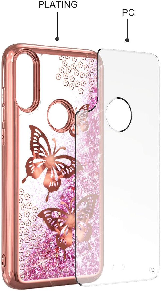 For Apple iPhone 15 (6.1") Quicksand Liquid Glitter Bling Flowing Sparkle Fashion Hybrid TPU and Chrome Plating Hard Butterfly Phone Case Cover