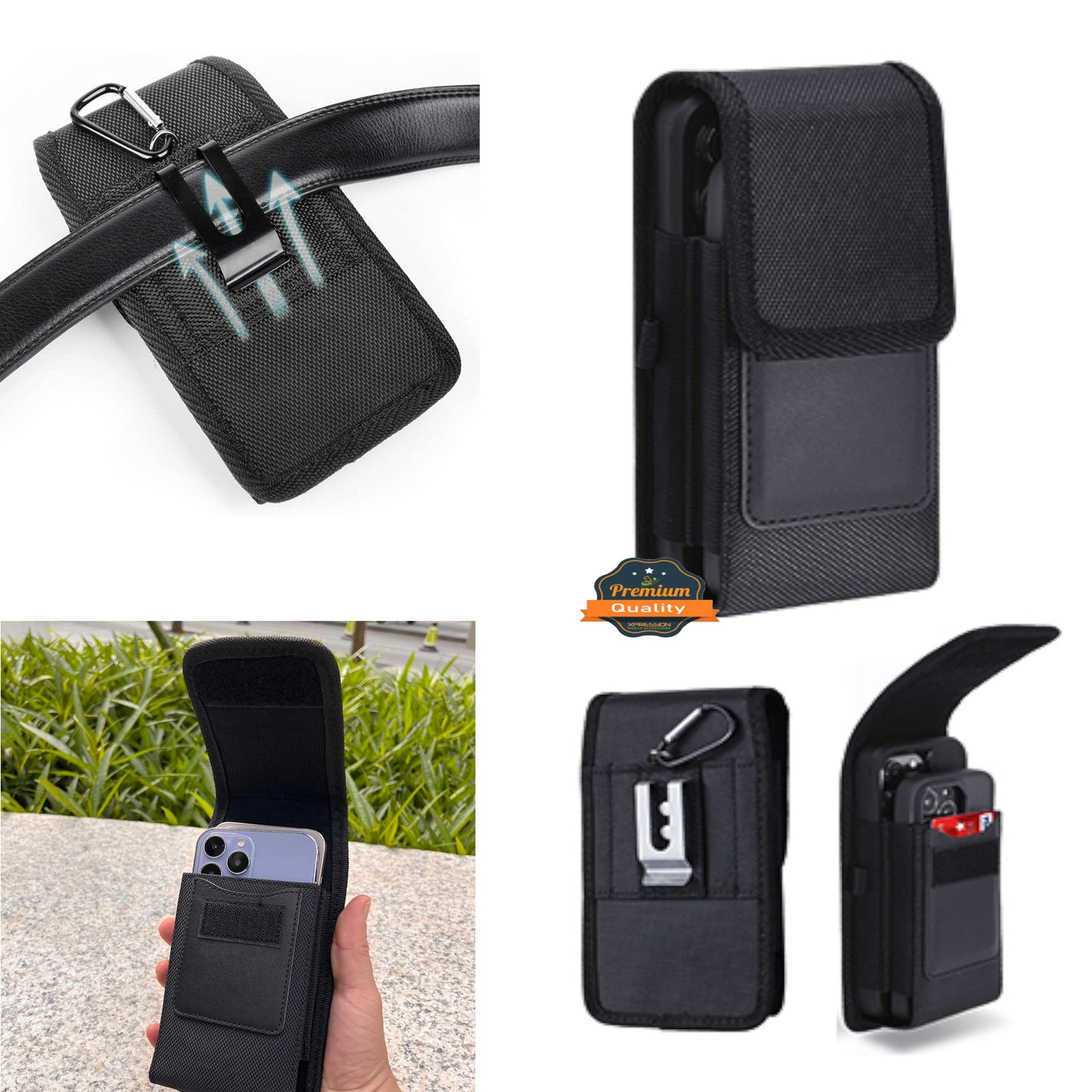 For Vertical Nylon Canvas Universal Pouch Dual Phone Holster, Wallet Case with Card Slot & Metal Belt Clip Loop Cover Device Size 6.7" Case Cover Black