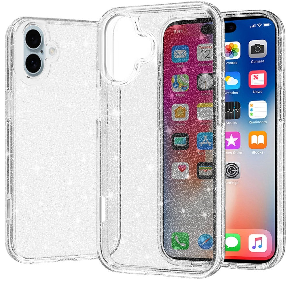 For Apple iPhone 16 (6.1") Transparent Glitter Shiny Sparkle Bling TPU Rubber Hard Back Hybrid Frame Shockproof Case Cover Clear