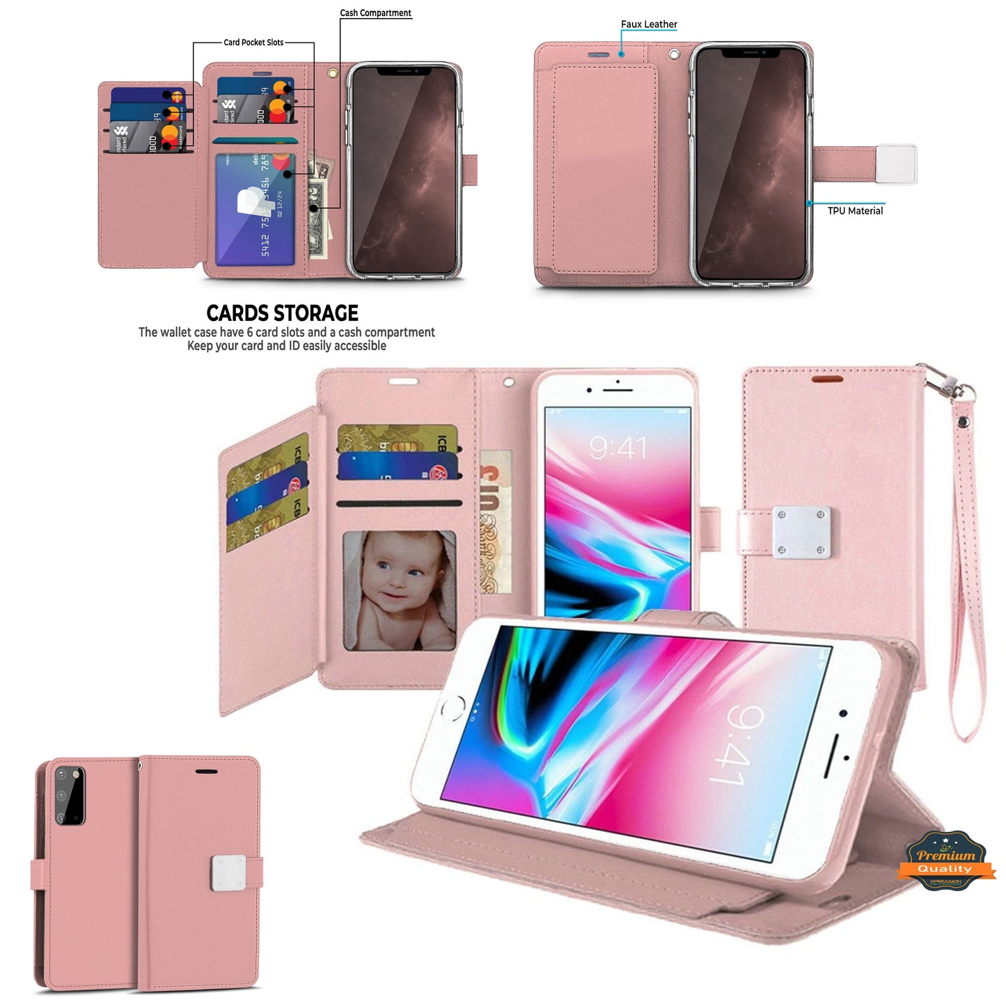 For Apple iPhone 16 (6.1") Wallet PU Leather Credit Card ID Cash Holder Slot Dual Flip Pouch with Stand and Strap Case Cover