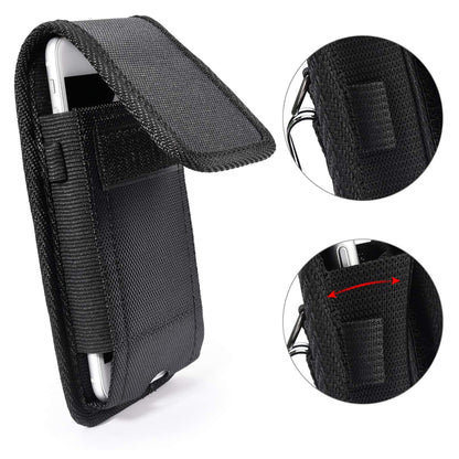 For Apple iPhone 16 Plus (6.7") Nylon Canvas Fabric Waist Belt Holster Vertical Pouch Holds XL Phone Works with Thick Cases Universal Cover [Black]