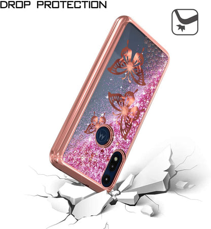 For Apple iPhone 15 (6.1") Quicksand Liquid Glitter Bling Flowing Sparkle Fashion Hybrid TPU and Chrome Plating Hard Butterfly Phone Case Cover