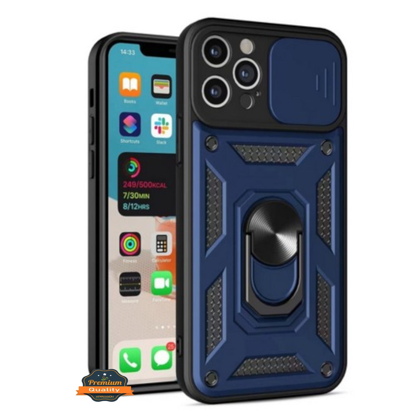 For Apple iPhone 15 (6.1") Built in Sliding Camera Lens Protection & Finger Ring Stand Holder Hybrid PC Shockproof  Phone Case Cover