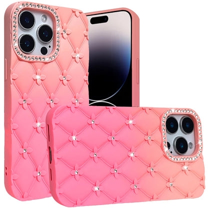 For Apple iPhone 12 Pro Max (6.7") Fashion Flower Design Sparkle Glitter Shimmer Rhinestone Bling Leather Feel Thick TPU Rubber Hard PC Case Cover