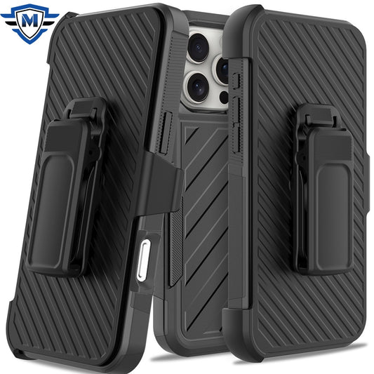 For Apple iPhone 16 Pro Max (6.9") Premium Design Hybrid lined with Belt Clip Holster Shockproof Rugged Textured 2in1 Non Slip Tough Case Cover Black