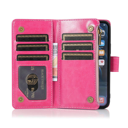 For Apple iPhone 16 (6.1") Leather Zipper Wallet Case 9 Credit Card Slots Cash Money Pocket Clutch Pouch Stand & Strap Case Cover Hot Pink