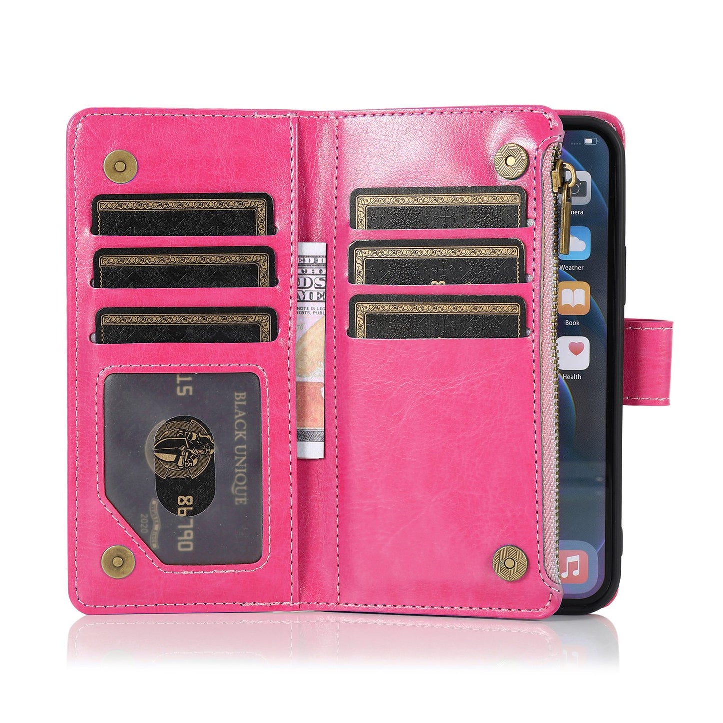 For Samsung Galaxy A36 Leather Zipper Wallet Case 9 Credit Card Slots Cash Money Pocket Clutch Pouch with Stand & Strap Case Cover Hot Pink