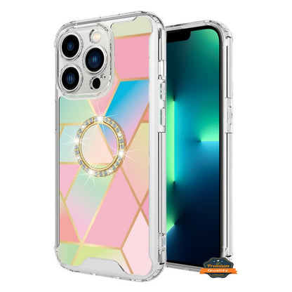 For Apple iPhone 15 Plus (6.7") Fashion Design Pattern Hybrid Ring Kickstand Bling Diamond Hard TPU Protective  Phone Case Cover