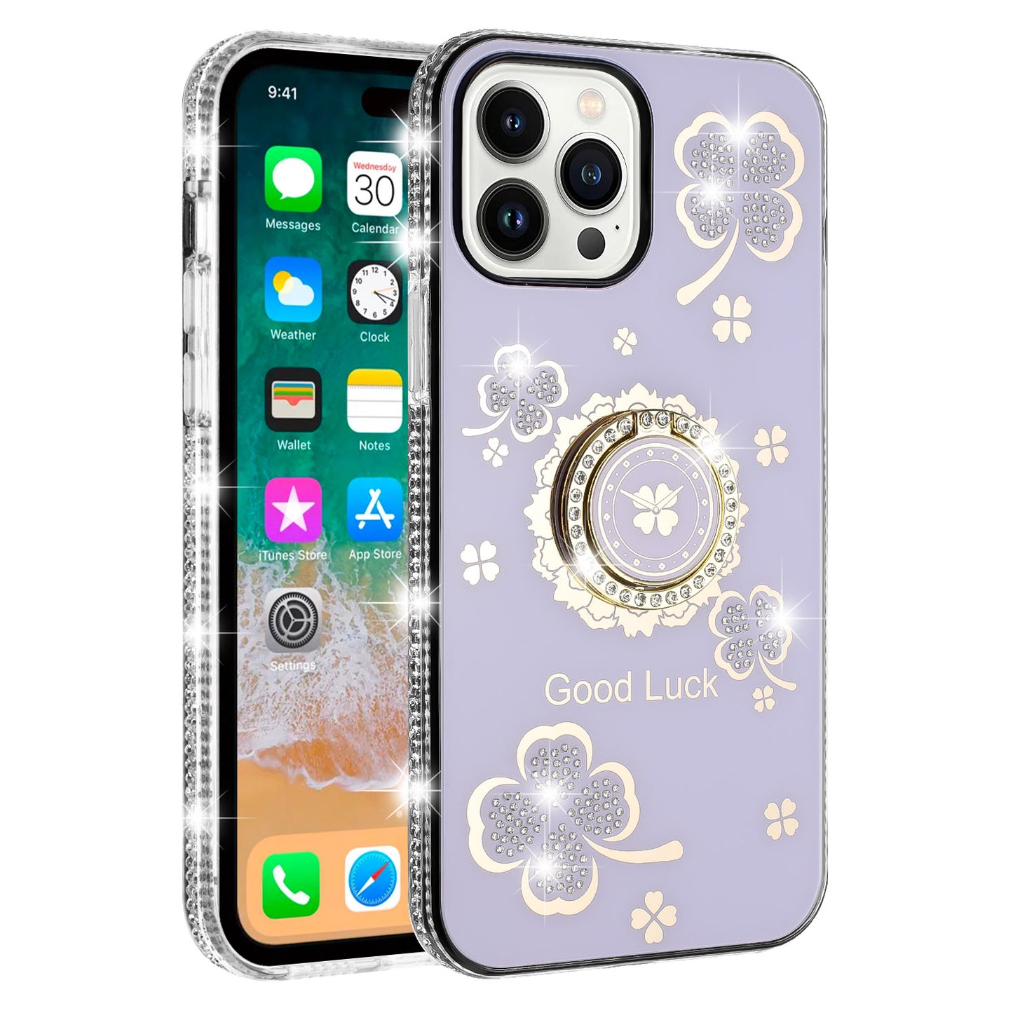 For Apple iPhone 16 Pro Max (6.9") Diamonds Bling All Around Edges Sparkly Glitter Hybrid with Ring Stand Holder Fashion Good Luck Case Cover