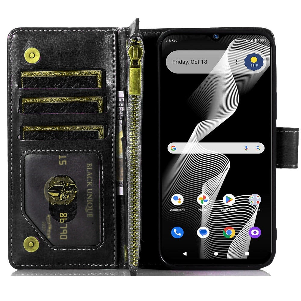 For Cricket Debut S3 Leather Zipper Wallet Case 9 Credit Card Slots Cash Money Pocket Clutch Pouch Stand & Strap Case Cover Black