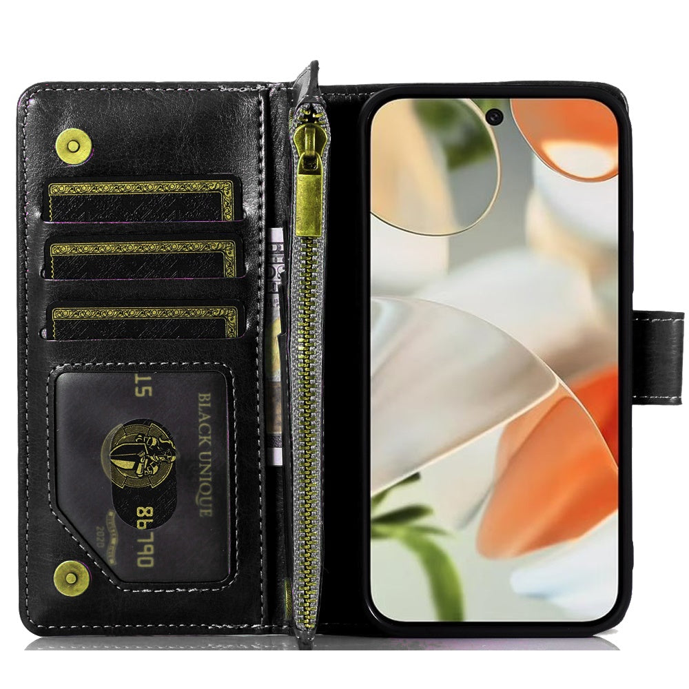 For Google Pixel 9, Pixel 9 Pro (6.3 inch) Leather Zipper Wallet Case 9 Credit Card Slots Cash Money Pocket Clutch Pouch Stand & Strap Case Cover Black