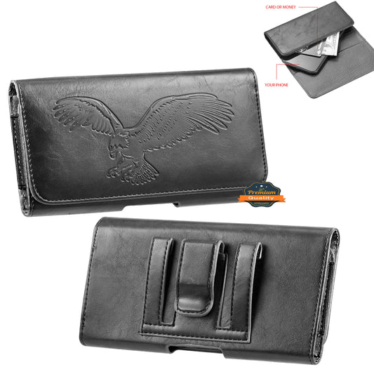 For Apple iPhone 16 Pro (6.3") Universal Horizontal Leather Phone Case with Embossed American Eagle Pouch Belt Clip Holster & Magnetic Pouch [Black]