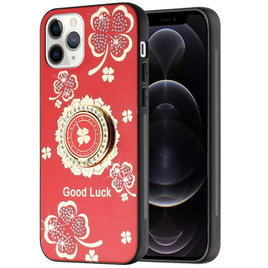 For Apple iPhone 12 Pro Max Diamonds 3D Bling Sparkly Glitter Ornaments Engraving Hybrid Metal Fashion Case Cover Red Good Luck Floral