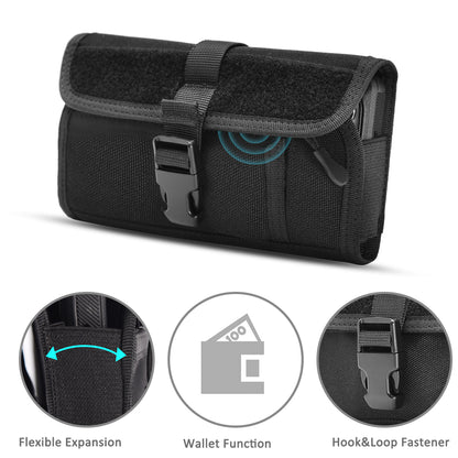 For Apple iPhone 16 Plus (6.7") Universal Phone Holder Horizontal Nylon Pouch [Front Buckle & Zipper Compartment] with Belt Clip Holster Loops, XXL Screen Size 7" [Black]