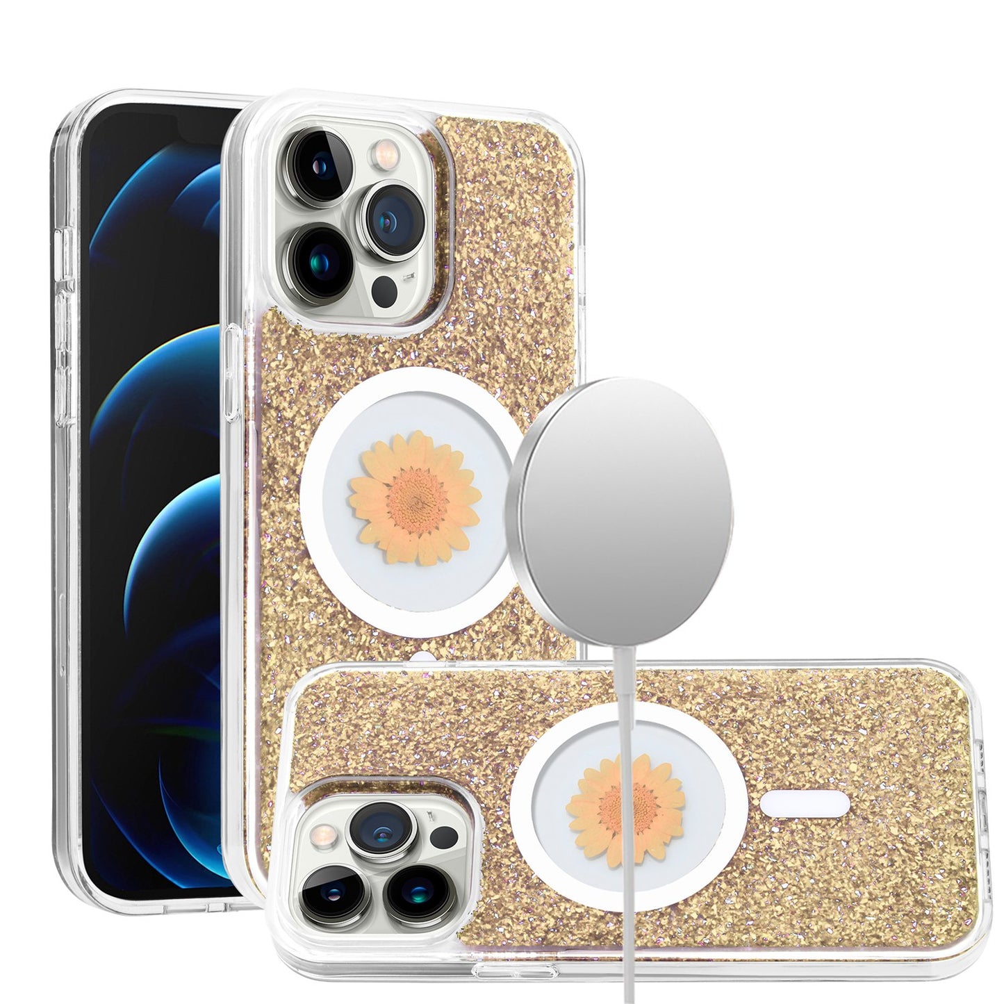 For Apple iPhone 16 Pro Max (6.9") Magnetic Circle MagSafe Wireless Compatible Epoxy Glitter Flower Shiny Sparkle Bling Hybrid Slim TPU Case Cover