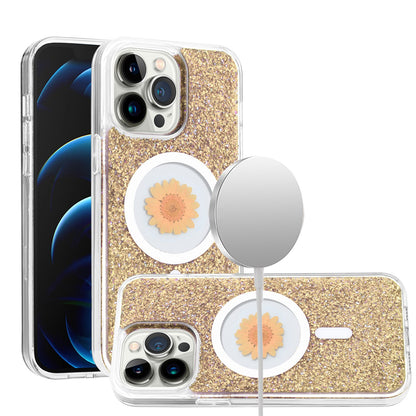 For Apple iPhone 16 (6.1") Magnetic Circle MagSafe Wireless Compatible Epoxy Glitter Flower Shiny Sparkle Bling Hybrid Slim TPU Case Cover