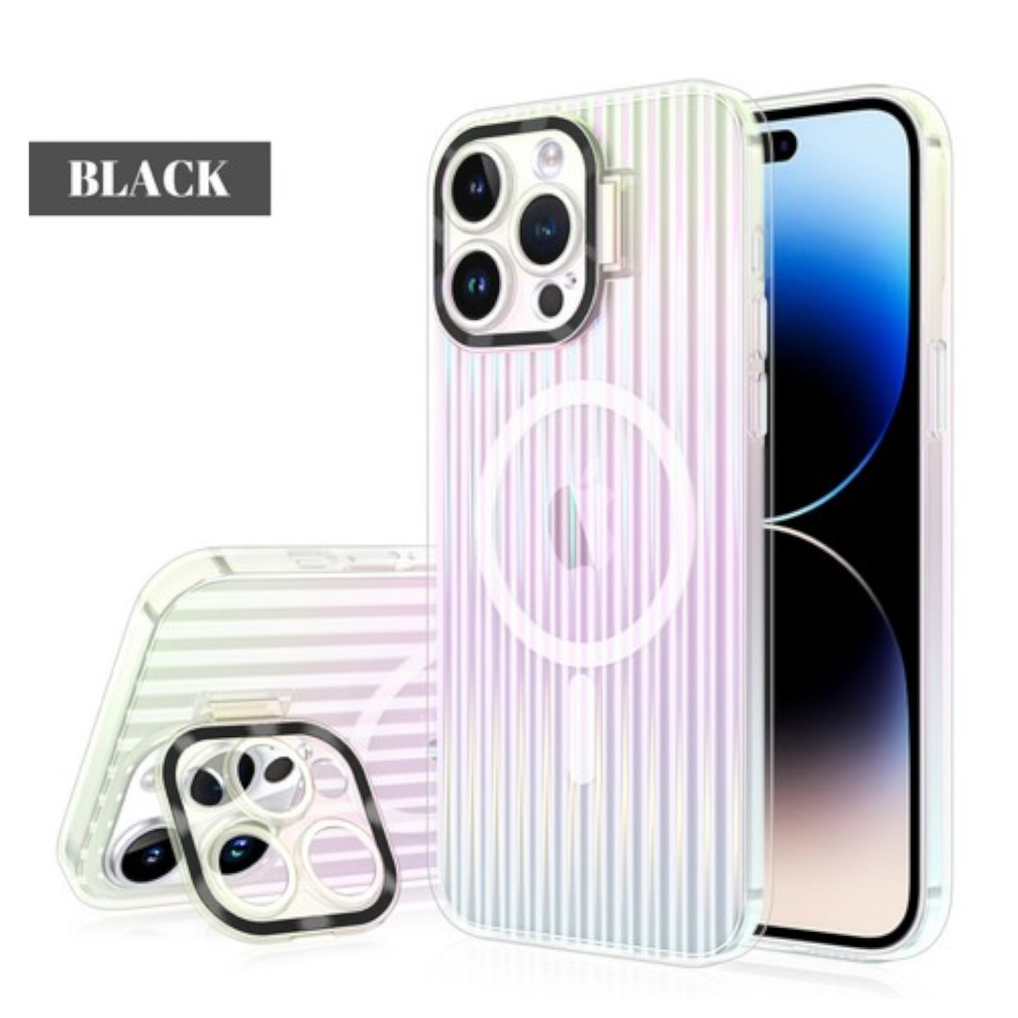 For Apple iPhone 15 Plus (6.7") Built-in Camera Kickstand Shockproof Iridescent Holographic Colorful TPU Slim Protective  Phone Case Cover