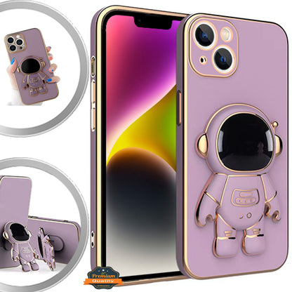 For Apple iPhone 15 (6.1") Astronaut Hidden Stand Holder Plating Hybrid Electroplated Bumper Shockproof Armor Cute  Phone Case Cover