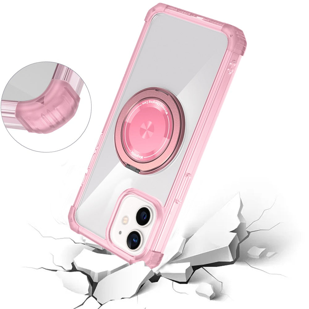 For Samsung Galaxy S22 Ultra Shield Magnetic [Compatible with Magsafe] with 360° Rotatable Ring Holder Invisible Stand Transparent Case Cover Pink