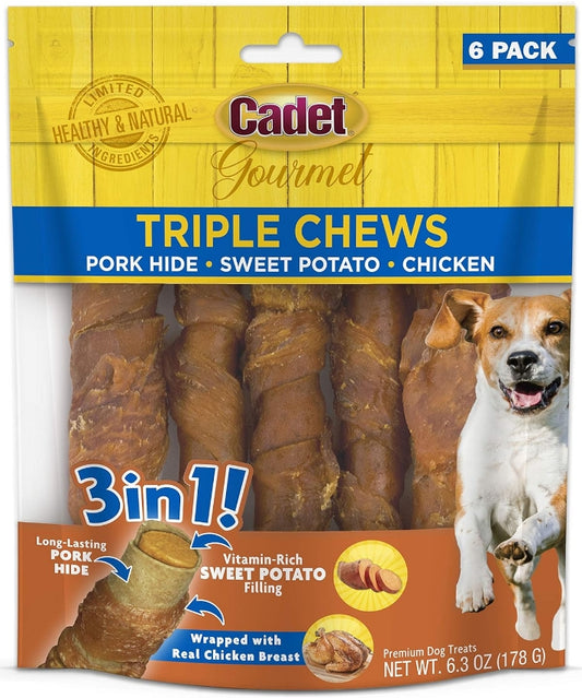 Cadet Gourmet Pork Hide Triple Chews with Chicken and Sweet Potato [Dog Supplies] 6 count