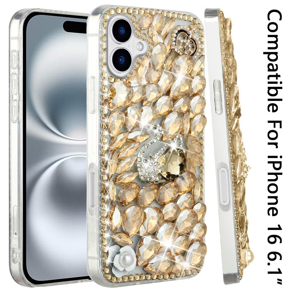 For Apple iPhone 16 (6.1") Bling Crystal 3D Full Diamonds Luxury Sparkle Rhinestone Hybrid Protective Case Cover