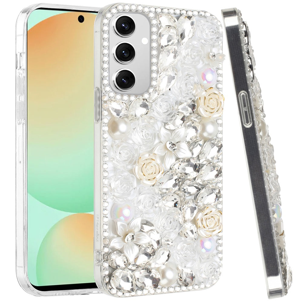 For Samsung Galaxy S24 FE /Fan Edition Fashion Rose Flower Floral Bling Crystal 3D Full Diamonds Pearl Sparkle Rhinestone Glitter Hybrid Case Cover