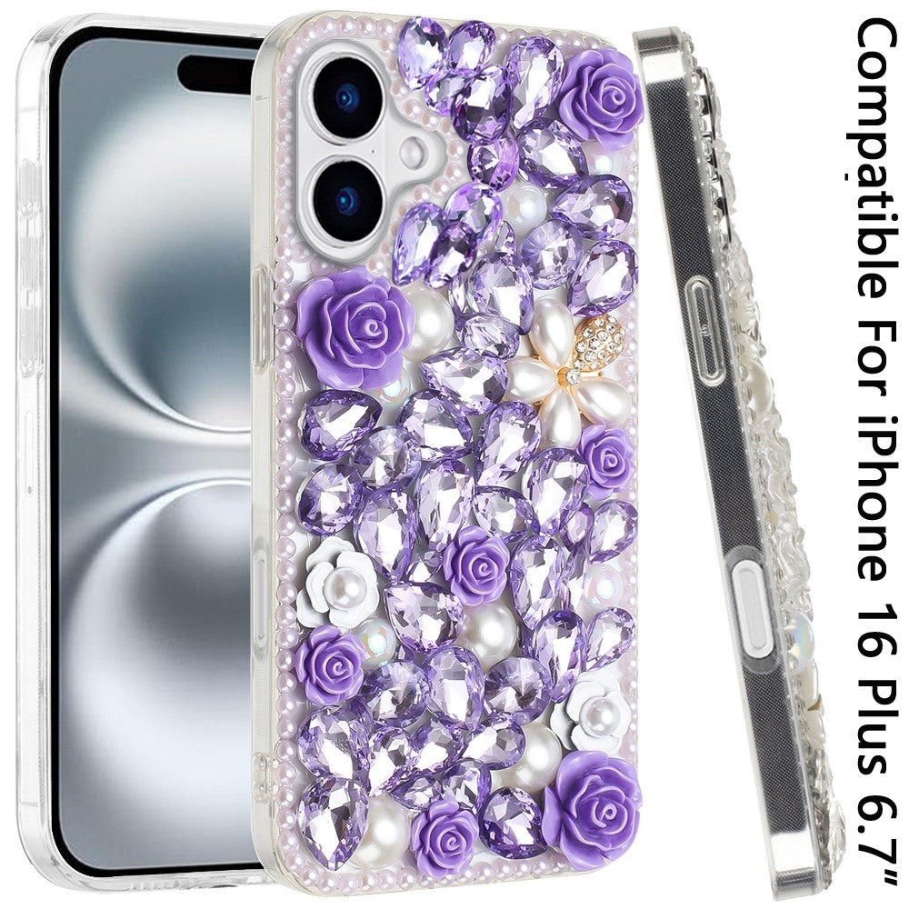 For Apple iPhone 16 Plus (6.7") Fashion Rose Flower Floral Bling Crystal 3D Full Diamonds Pearl Sparkle Rhinestone Glitter Hybrid Case Cover