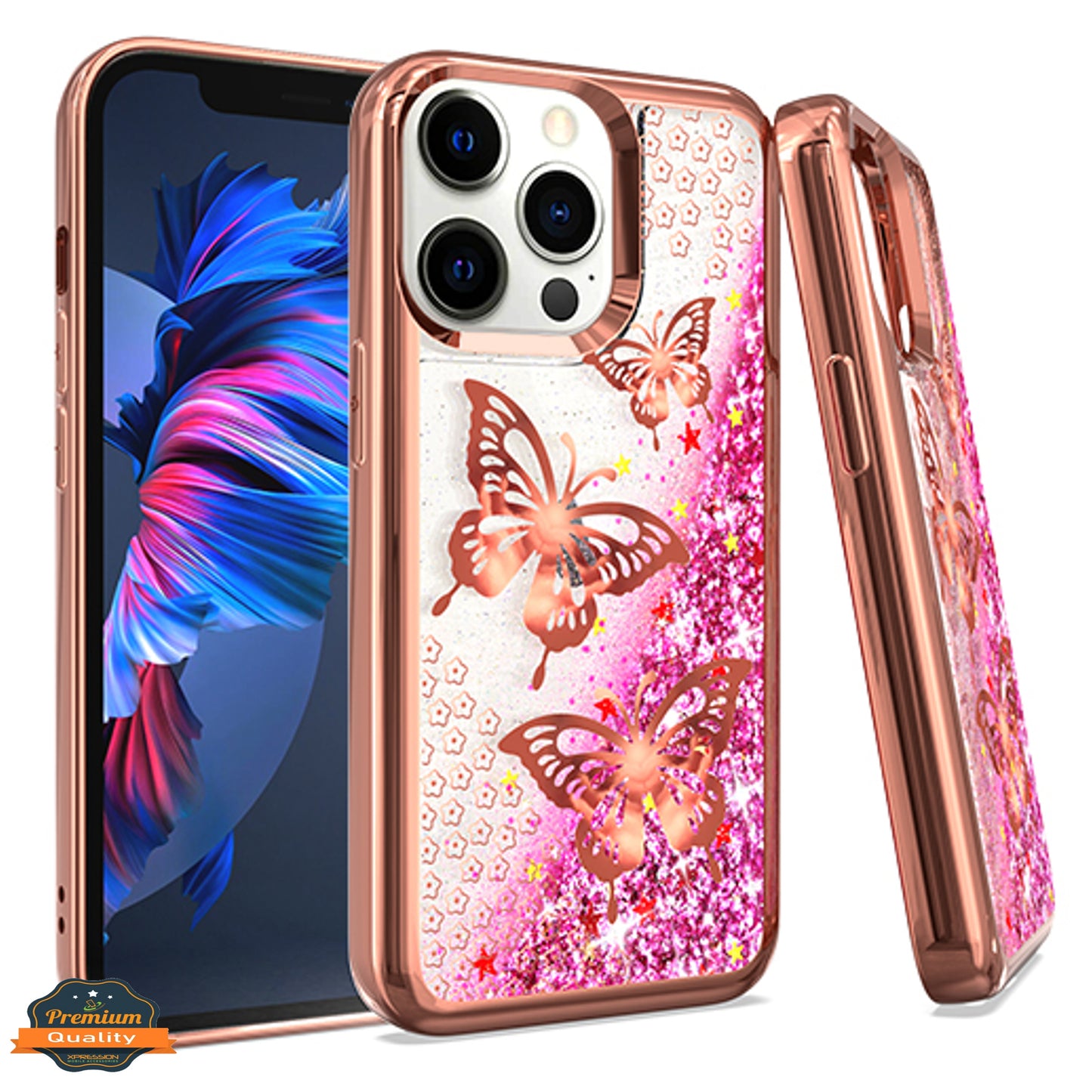 For Apple iPhone 15 Pro Max (6.7") Quicksand Liquid Glitter Bling Flowing Sparkle Fashion Hybrid TPU Chrome Plating Butterfly Phone Case Cover