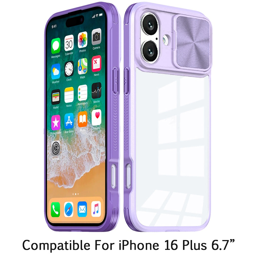 For Apple iPhone 16 Plus (6.7") Hybrid Cases with Sliding Camera Cover Transparent Shockproof Bumper TPU Protective Case Cover