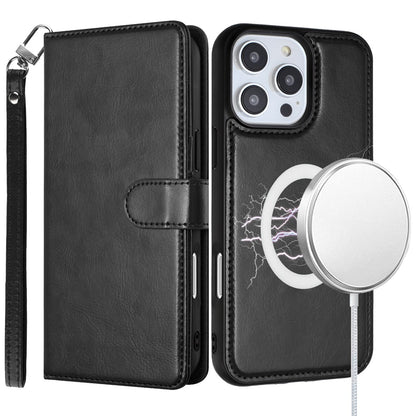 For Apple iPhone 16 Pro (6.3") Deattachable PU Leather Hybrid Wallet Money Credit Card Holder Support Magsafe Charger Case Cover Black