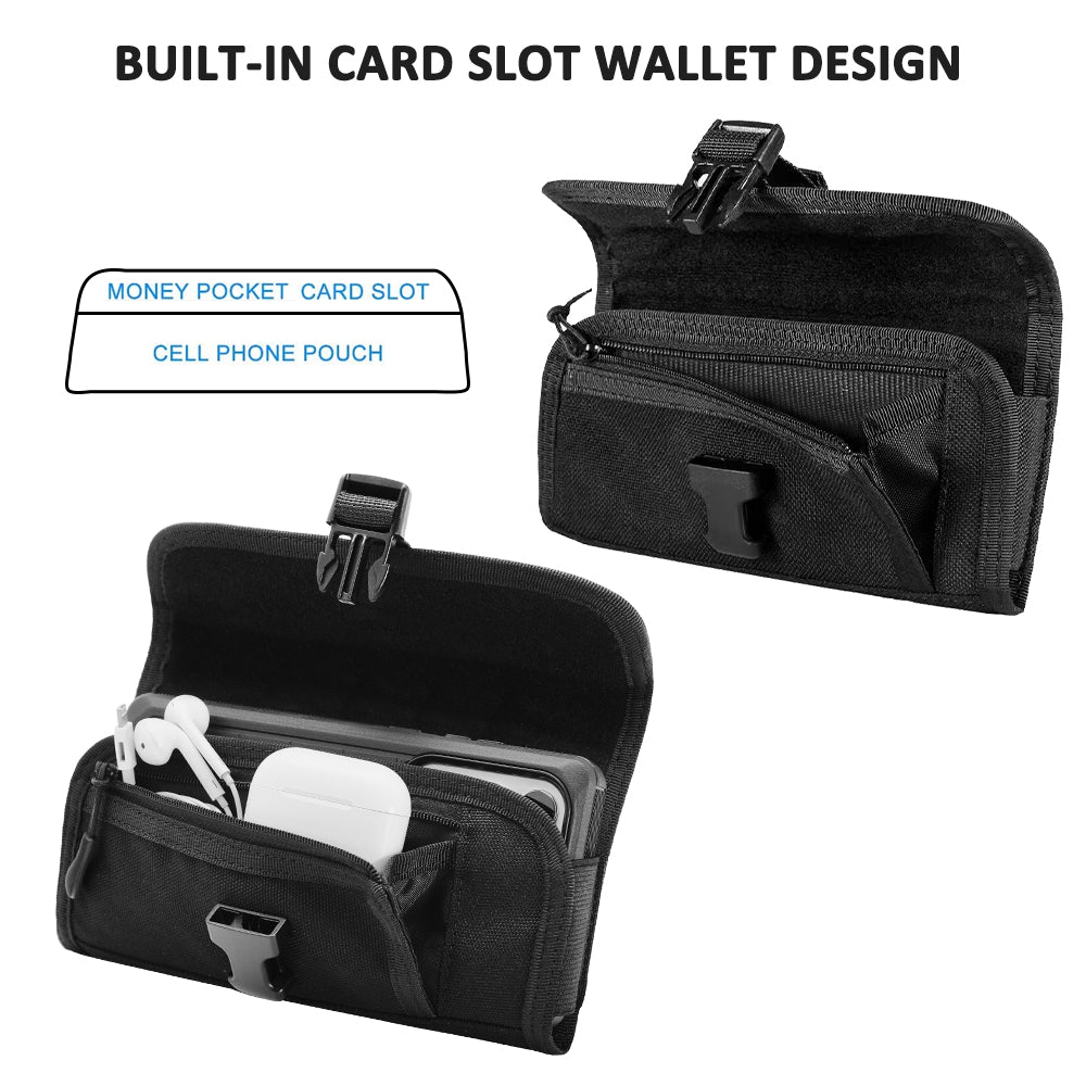 For Apple iPhone 16 Pro Max (6.9") Universal Phone Holder Horizontal Nylon Pouch [Front Buckle & Zipper Compartment] with Belt Clip Holster Loops, XXL Screen Size 7" [Black]